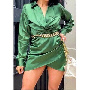 Cider Satin Faux Wrap Mini Dress Short Size‎ S Green L/S V-Neck Ruched Party NWT